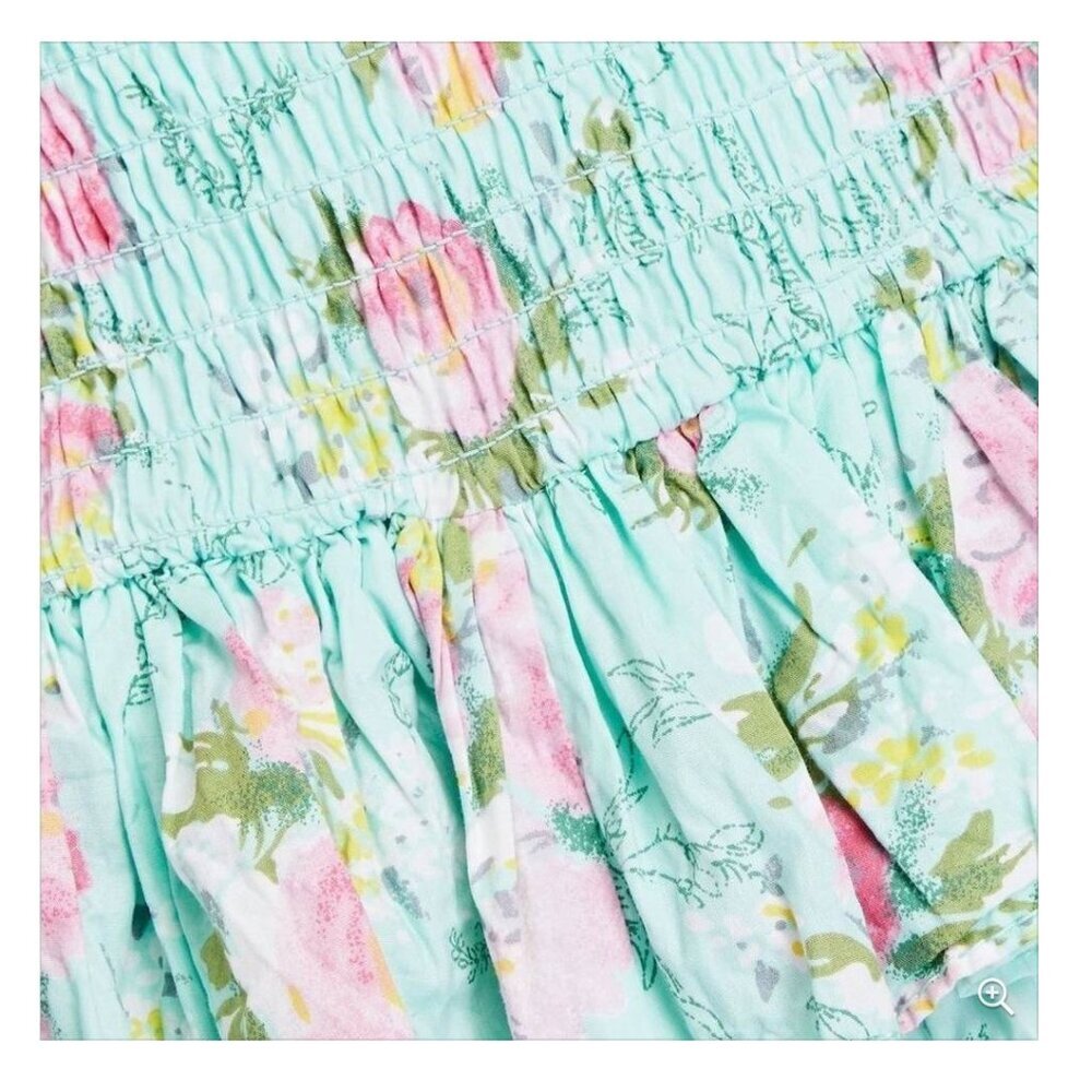 BYTIMO Dropped Waist Camelia Shirred Floral-print Cotton Mini Dress Turquoise M - Picture 4 of 12